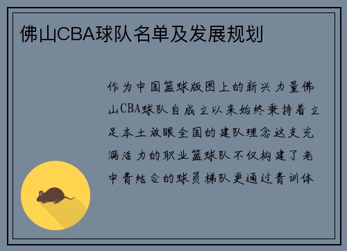佛山CBA球队名单及发展规划